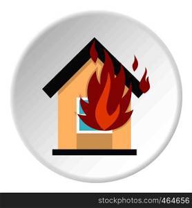 Flames from house window icon in flat circle isolated vector illustration for web. Flames from house window icon circle