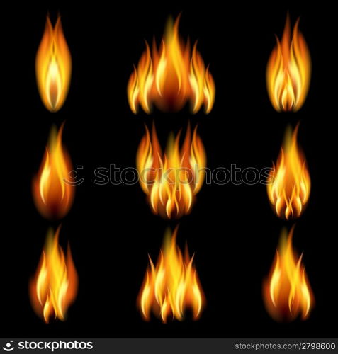 Flames of different shapes on a black background. EPS10. Mesh.