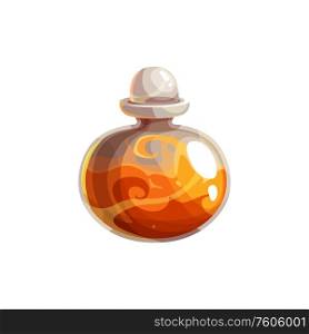 Flaming bottle with potion isolated Halloween party elixir. Vector magic poison liquid in vial. Halloween potion, isolated poison flaming drink