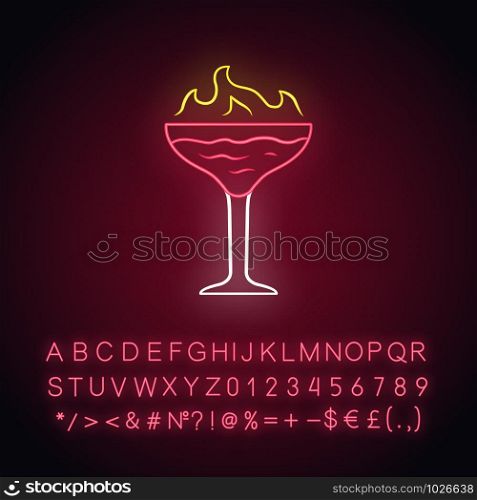Flaming cocktail neon light icon. Martini glass with beverage and burning fire. Drink with flammable high-proof alcohol. Glowing sign with alphabet, numbers and symbols. Vector isolated illustration