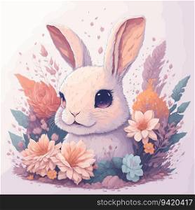 Flaming Cuteness: Detailed Bunny Face Illustration with Fire and Flower Splash for T-Shirt Design