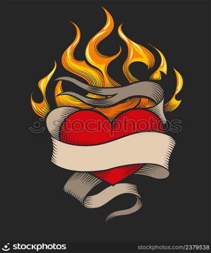 Flaming Heart Emblem and banner for your iscription isolated on black background. Vector illustration.