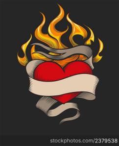 Flaming Heart Emblem and banner for your iscription isolated on black background. Vector illustration.
