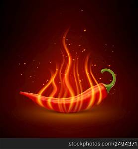 Flaming red chili pepper pod glowing in darkness hot dishes symbol single object poster realistic vector illustration . Red Chili Pepper Realistic Single Object