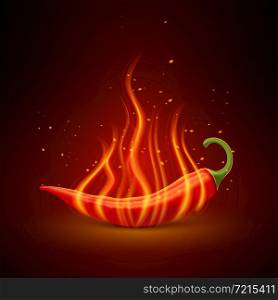 Flaming red chili pepper pod glowing in darkness hot dishes symbol single object poster realistic vector illustration . Red Chili Pepper Realistic Single Object