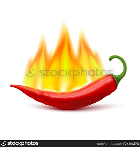 Flaming red chili pepper pod image as symbol of spicy world hottest food ingredient realistic vector illustration . Flaming Hot Chili Pepper Pod Image