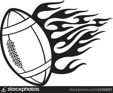 Flaming rugby  American football  ball black and white. Vector illustration.