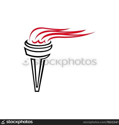 Flaming torch icon isolated sport mascot. Vector burning flame, symbol of championship. Tournament symbol isolated burning torch