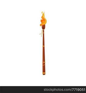 Flaming torch on wooden handle isolated flat cartoon icon. Vector burning ignite with fire, symbol of olympic paralympic games, olympiad mascot. Bright lit on stick, honor, freedom and achievement. Burning torch on wooden handle isolated ignite