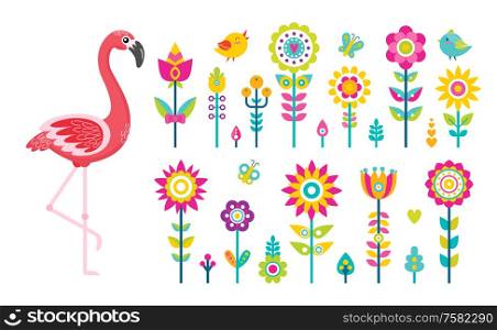 Flamingo and flowers, summer objects or elements vector. Birds and butterflies above wild abstracts plants, tropical animal and greenery, insects. Summer Objects or Elements, Flamingo and Flowers