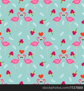 Flamingo and rose seamless pattern. Cute animal in Valentine concept.