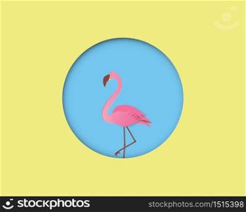 Flamingo bird on blue background with yellow circle frame in paper cut style. Digital craft paper art.