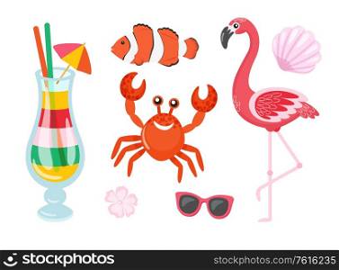Flamingo bird vector, crab and seashell, isolated set. Sunglasses and cocktail in glass, fish and beverage with umbrella and straws, served drink. Flamingo and Crab, Cocktail and Fish Isolated Set