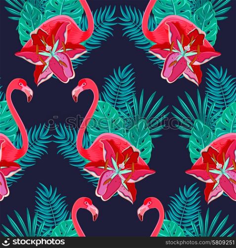 Flamingo birds and tropical hibiscus bright flowers tropical foliage colorful composition hawaiian seamless pattern abstract vector illustration. Flamingo lilies colorful seamless pattern