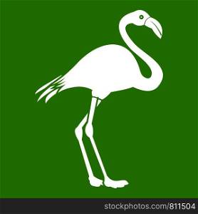 Flamingo icon white isolated on green background. Vector illustration. Flamingo icon green