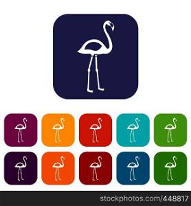 Flamingo icons set vector illustration in flat style In colors red, blue, green and other. Flamingo icons set flat