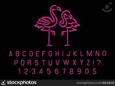 Flamingo neon sign. Pink 80s font. Tropical flamingos electric glow bar billboard logo with fluorescent purple light bulb letters text and numbers symbols vintage decoration vector illustration. Flamingo neon sign. Pink 80s font. Tropical flamingos electric glow bar billboard with purple light bulb letters vector illustration