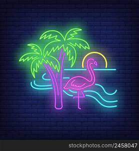 Flamingo on beach neon sign. Summer, vacation, holiday. Vacations concept. Vector illustration in neon style for advertising, tourism, marketing