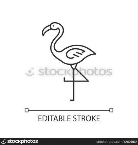 Flamingo pixel perfect linear icon. Exotic wild bird. Tropical creature. Wildlife. South american habitat. Thin line customizable illustration. Contour symbol. Vector isolated drawing. Editable stroke