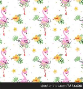 Flamingo seamless pattern. Funny beach flamingos pink white print. Exotic birds and tropical palm leaves. Summer beach hawaii simple nowaday vector background. Illustration of summer pattern seamless. Flamingo seamless pattern. Funny beach flamingos pink white print. Exotic birds and tropical palm leaves. Summer beach hawaii simple nowaday vector background
