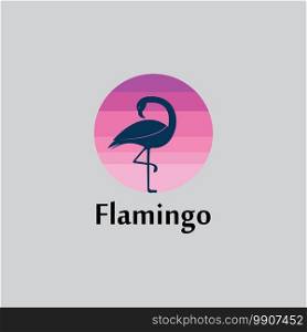  flamingo silhouette scene at sunset logo design vector