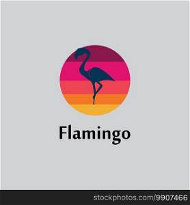  flamingo silhouette scene at sunset logo design vector