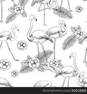 Flamingo sketch pattern. Seamless print of exotic tropical pink bird. Feathered animals hand drawn background. Flying creatures and blossoms. Palm leaves. Blooming flowers. Vector monochrome texture. Flamingo sketch pattern. Seamless print of exotic tropical bird. Feathered animals hand drawn background. Flying creatures and blossoms. Palm leaves. Blooming flowers. Vector texture