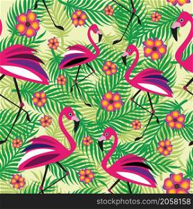 Flamingo tropic bird, flowers and palm leaves. Vector illustration. Seamless pattern.