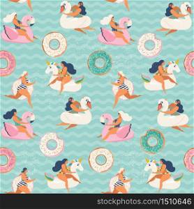 Flamingo, unicorn, swan and sweet donut inflatable swimming pool floats. Vector seamless pattern. Flamingo, unicorn, swan and sweet donut inflatable swimming pool floats. Vector seamless pattern.