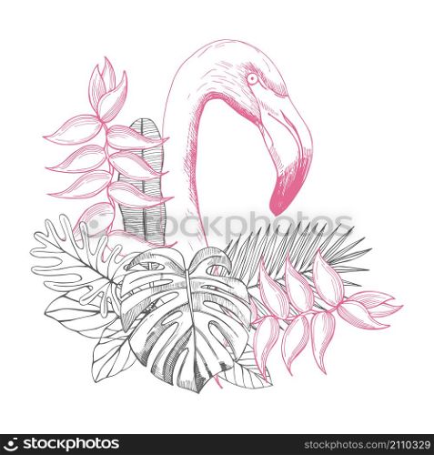 Flamingos and tropical leaves with flowers. Vector sketch illustration.. Flamingos and tropical leaves with flowers.