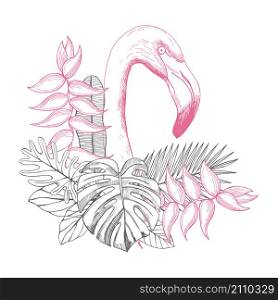Flamingos and tropical leaves with flowers. Vector sketch illustration.. Flamingos and tropical leaves with flowers.
