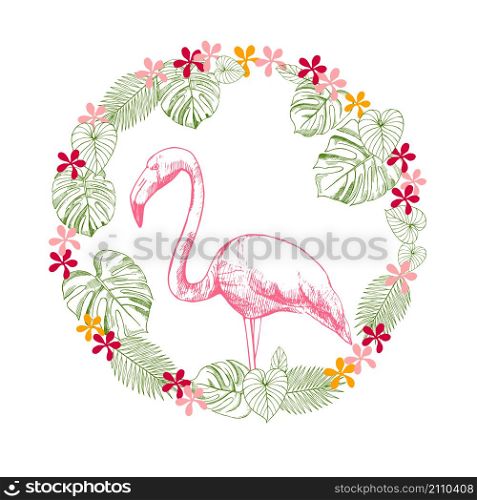 Flamingos and tropical leaves with flowers. Vector sketch illustration.. Flamingos and tropical leaves with flowers