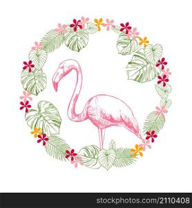 Flamingos and tropical leaves with flowers. Vector sketch illustration.. Flamingos and tropical leaves with flowers