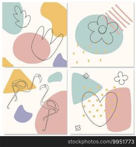 Flamingos, Heart, Leaves and Flowers. Hand drawn outline style with various shapes and doodle objects. Abstract Geometric Memphis card pastel colors. Minimal Continuous line Vector illustration.