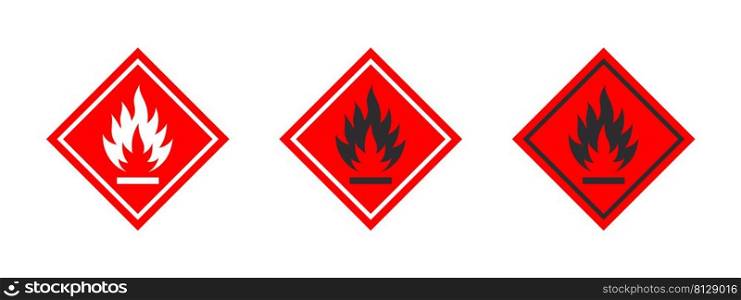 Flammable materials warning sign. Sign danger flammable liquids or materials. Flammable substances icons set. Vector icons
