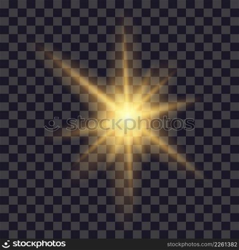 Flare light. Glare golden lens effect isolated on transparent background. Bright spark star, glitter spark of sun or camera. Shining sunlight ray. Magic burst beam. Vector.