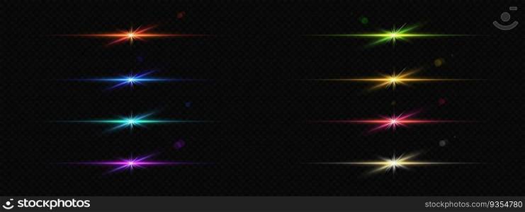 Flare light line and sparkle glow vector gleam set. Gold, red, pink and blue neon shine beam with flash glare element. Flicker strip with laser glimmer border realistic overlay. Green isolated twinkle. Flare light line and sparkle glow vector gleam set