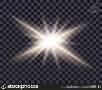 Flare light. White flare light. Bright spark star isolated on transparent background. Glare of lens. Glitter spark. Flash of camera. Shining sunlight ray. Magic burst beam. Vector.