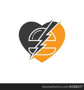 Flash burger vector logo design. Burger with thunderstorm and heart icon logo. 