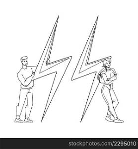 Flash Sale Special Offers For Products Black Line Pencil Drawing Vector. Man And Woman Sellers Flash Sale Goods In Shop And Seasonal Discount For Customers. Characters Managers Standing Near Lightning. Flash Sale Special Offers For Products Vector