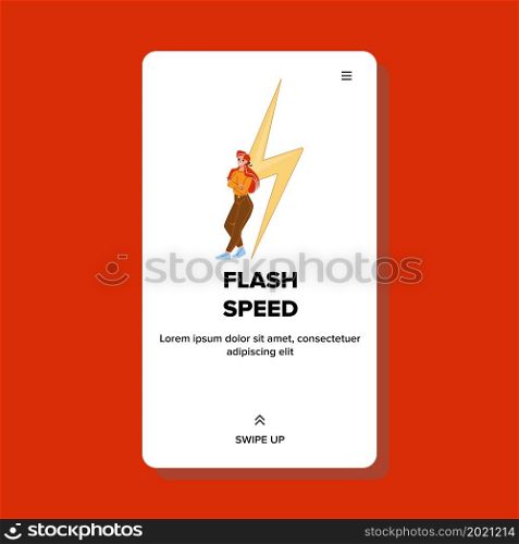 Flash Speed Internet Using Young Woman Vector. Download Application Or Media File With Flash Speed In Mobile Phone Or Computer. Character Girl Standing Near Lightning Web Flat Cartoon Illustration. Flash Speed Internet Using Young Woman Vector