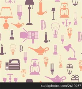 Flashlight and l&s electric bulbs seamless pattern vector illustration