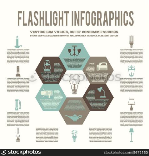 Flashlight and lamps energy saving flat hexagon infographic vector illustration