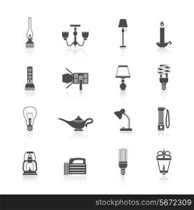 Flashlight and lamps light and illumination equipment icons black set isolated vector illustration