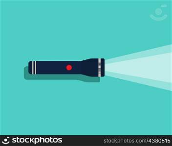 Flashlight icon. Lantern with beam of light. Torch with button, flash for search. Lamp on battery isolated on blue background. Design of electric spotlight for dark night. Portable torchlight. Vector.