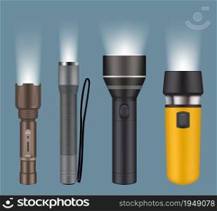 Flashlights. Electric handy flashlights for camping night searching lamp vector realistic collection. Illustration flashlight electric with battery, spotlight lamp portable. Flashlights. Electric handy flashlights for camping night searching lamp vector realistic collection