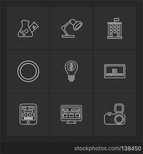 flask , beaker, lamp , building , circle , idea , money , video , web , camera, icon, icons, set, line, vector, business, sign, symbol, outline,