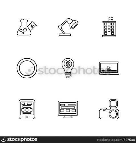 flask , beaker, lamp , building , circle , idea , money , video , web , camera, icon, icons, set, line, vector, business, sign, symbol, outline,