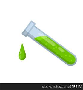 Flask of green poison. Liquid bottle. Medical preparation. Glass object. Drop of toxin. Cartoon flat illustration. Alchemical item. Flask of green poison. Liquid bottle.