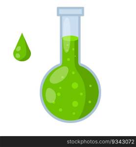 Flask of green poison. Round Bottle with liquid at angle. Glass object. Falling Drop of toxin. Medical preparation. Flask of green poison. Round Bottle